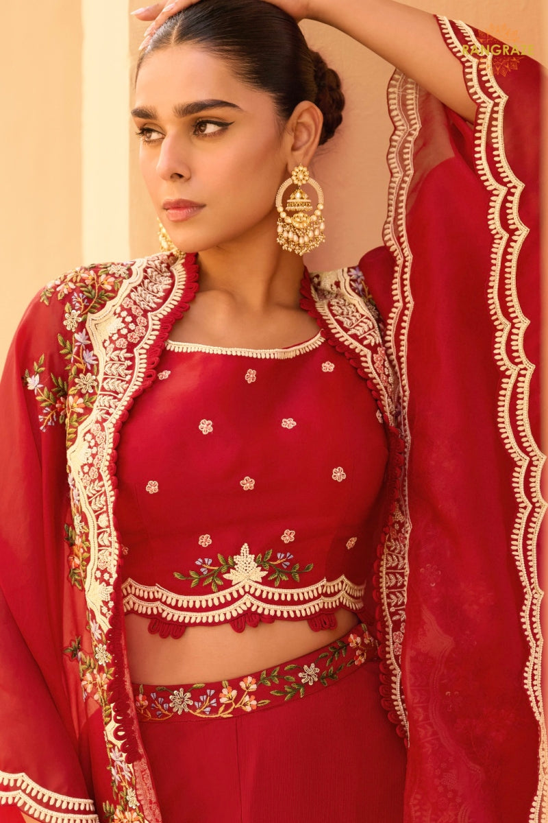 Crimson Red Floral Embroidered Shrug with Blouse and Palazzo Suit Set