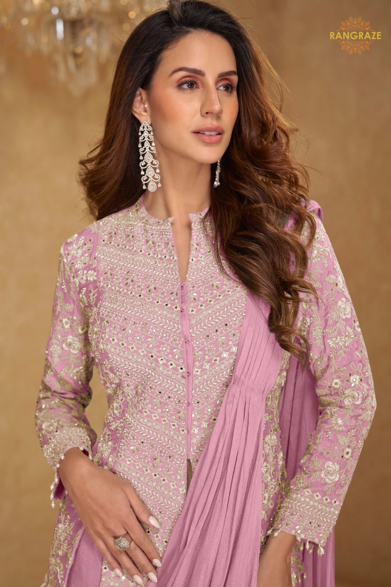Lilac Serene Pure Georgette Saree Style Suit Set with Hand Embroidery