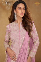 Lilac Serene Pure Georgette Saree Style Suit Set with Hand Embroidery
