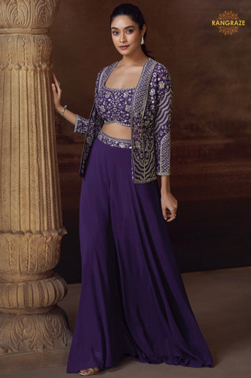 Royal Amethyst Embroidered Palazzo Jacket Suit Set