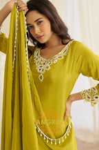 Lime Green Natural Crepe Silk Embroidered Suit Set