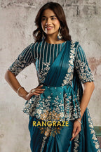 Teal Lustrous Satin One Minute Saree with Readymade Embroidered Designer Peplum Blouse