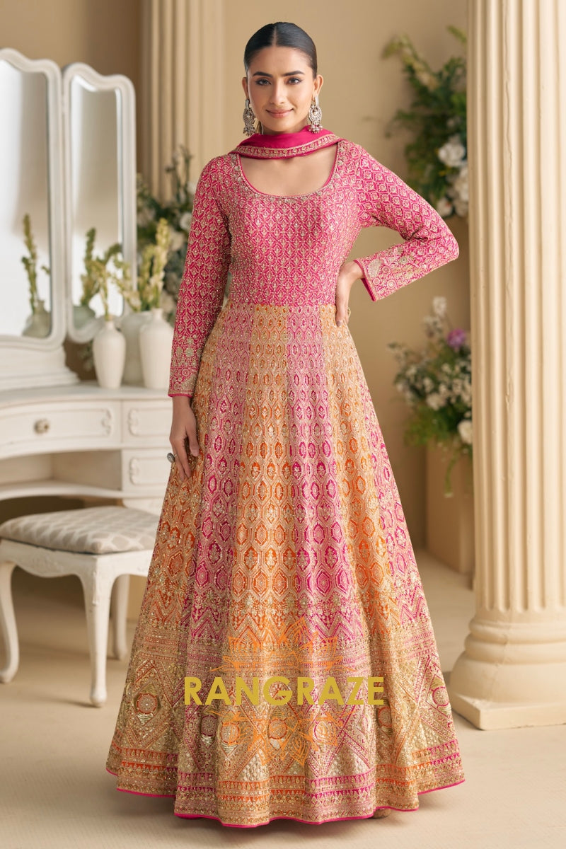 Peach Pink Premium Georgette Designer Anarkali Suit Set