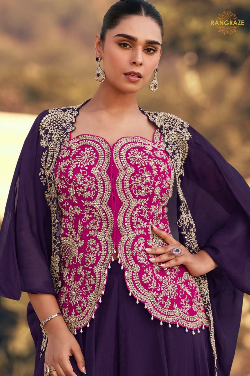 Royal Plum Chinnon Silk Jacket Suit Set