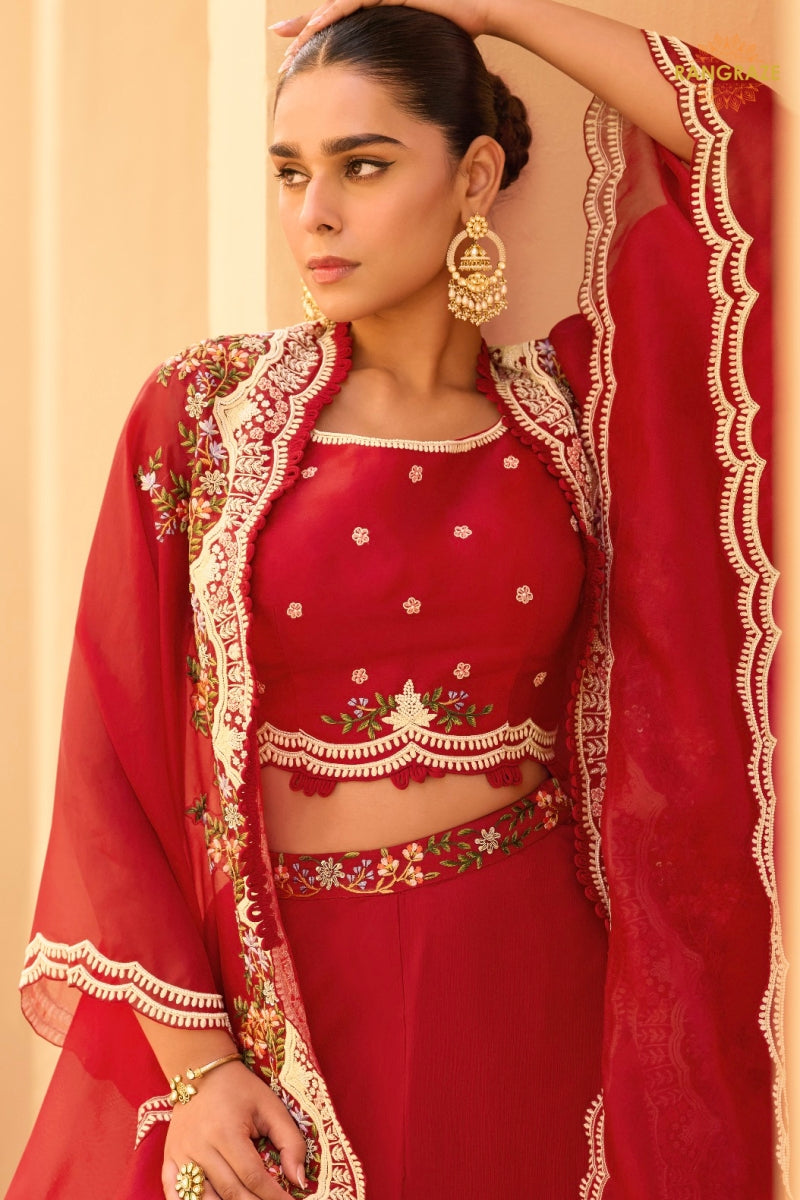 Crimson Red Floral Embroidered Shrug with Blouse and Palazzo Suit Set