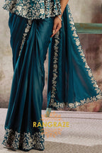 Teal Lustrous Satin One Minute Saree with Readymade Embroidered Designer Peplum Blouse