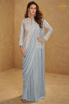 Ice Blue Chinnon Saree Style Suit Set with Hand Embroidery & Tassels