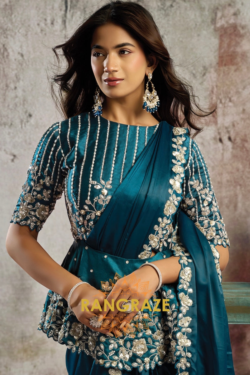 Teal Lustrous Satin One Minute Saree with Embroidered Peplum Blouse