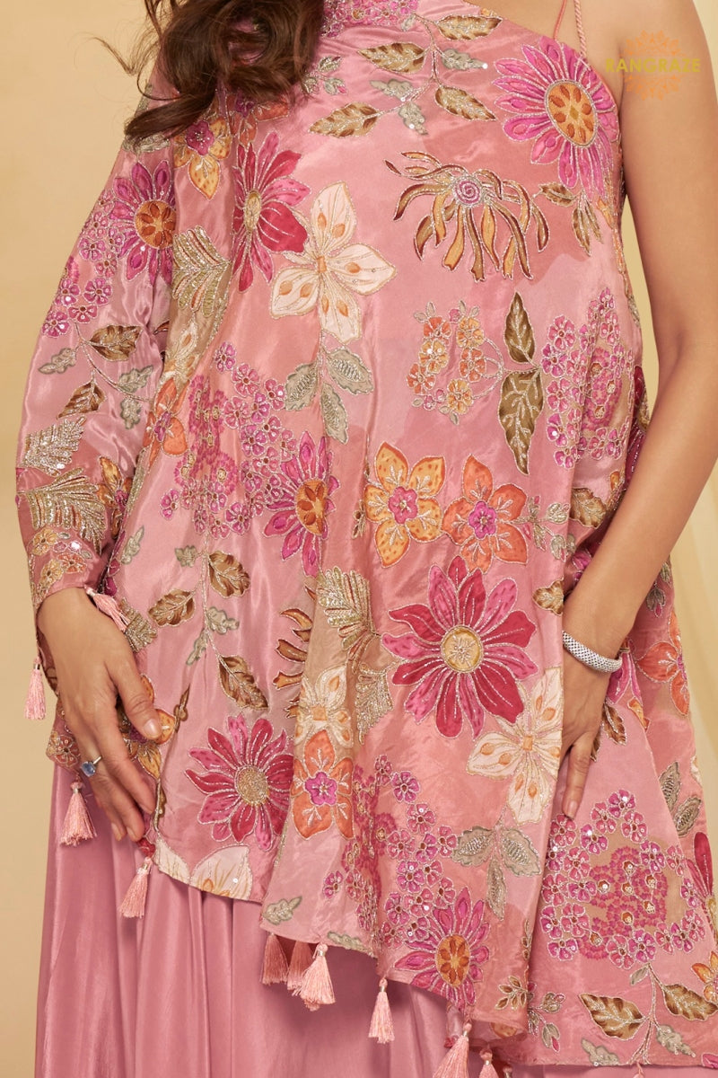 Blush Bloom Crepe Poncho Palazzo Suit Set