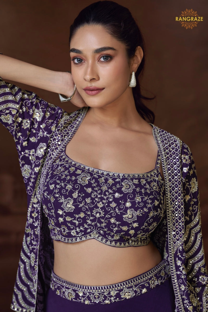 Royal Amethyst Embroidered Palazzo Jacket Suit Set