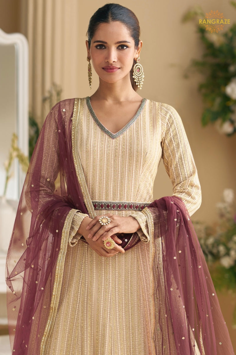 Ivory Wine Ombre Premium Georgette Anarkali Suit Set