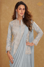 Ice Blue Chinnon Saree Style Suit Set with Hand Embroidery & Tassels