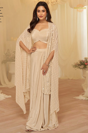 Champagne Noor Georgette Jacket Croptop Skirt Suit Set