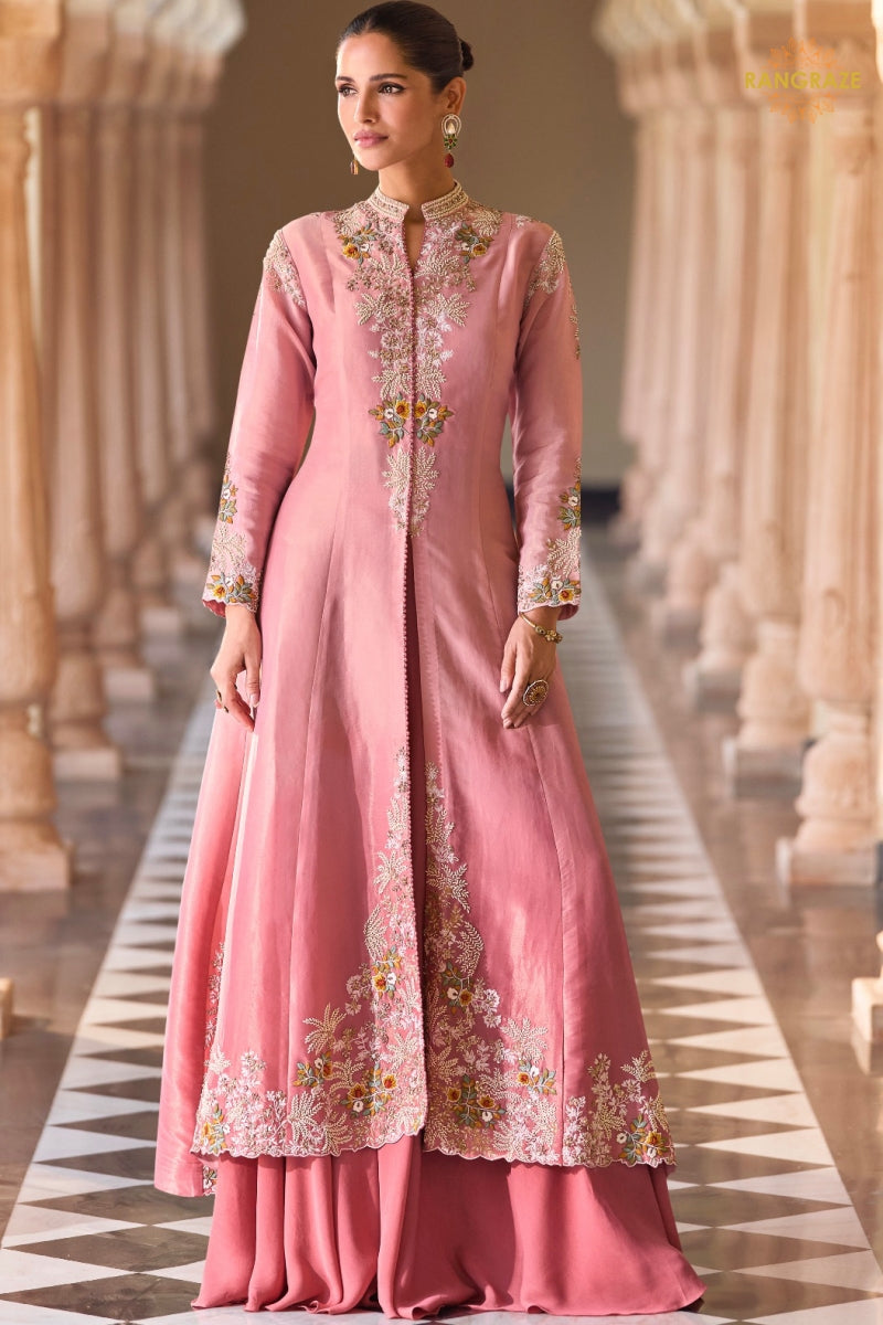 Dusty Rose Silk Embroidered Long Jacket Readymade Suit Set