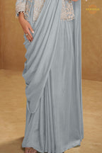 Ice Blue Chinnon Saree Style Suit Set with Hand Embroidery & Tassels