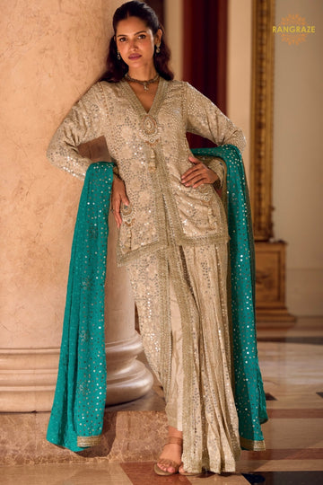 Beige Gold Sequined Georgette Dhoti Pant Set with Turquoise Dupatta