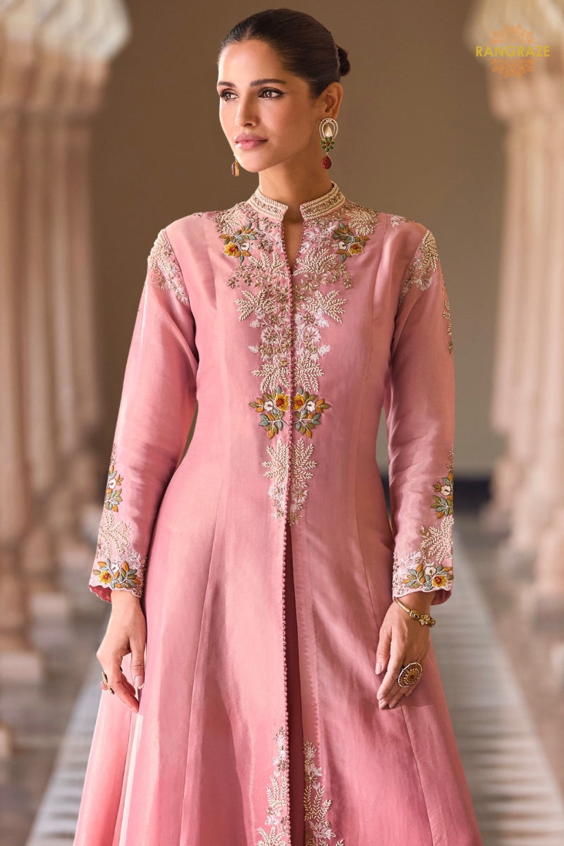 Dusty Rose Silk Embroidered Long Jacket Readymade Suit Set