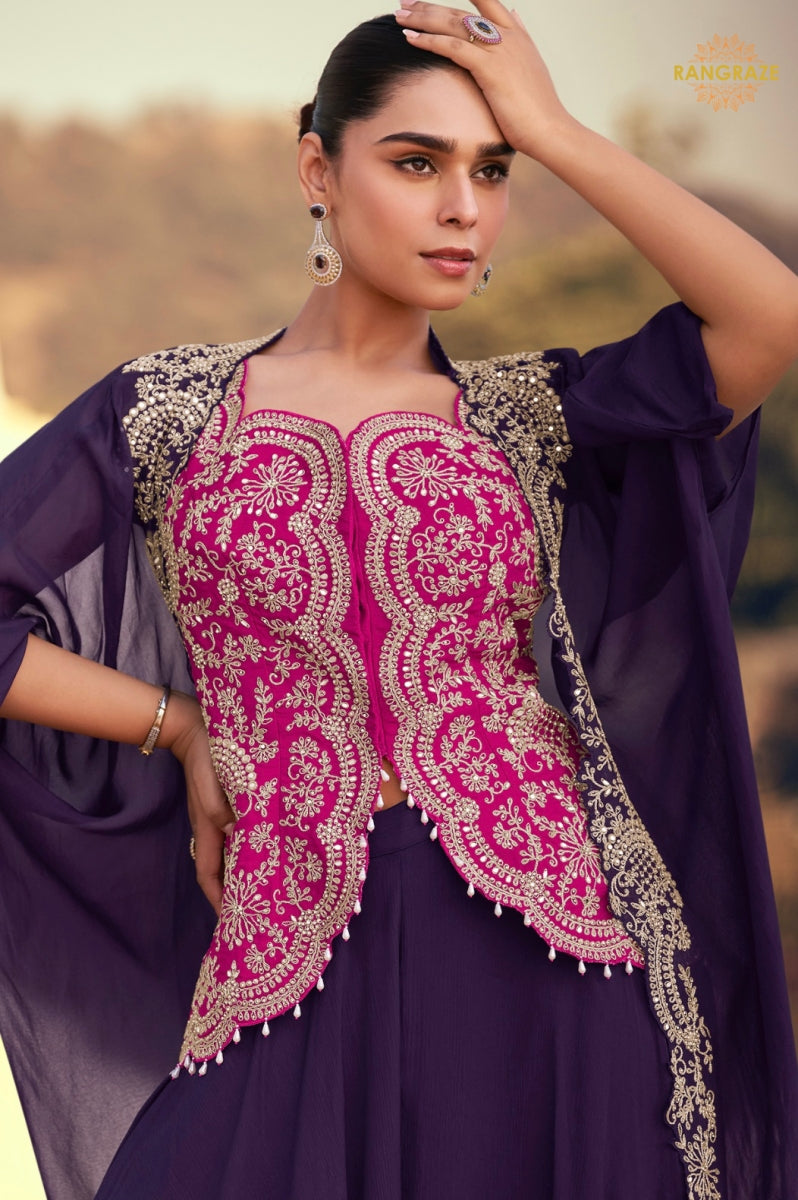 Royal Plum Chinnon Silk Jacket Suit Set