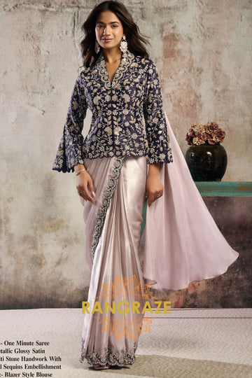 Metallic Blush Glossy Satin One Minute Saree with Readymade Embroidered Designer Blazer Blouse