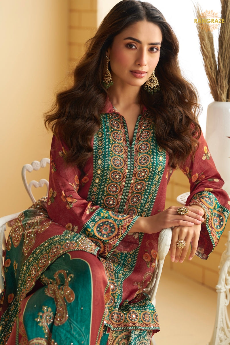 Brown Crepe Silk Embroidered Mirror Work Suit Set