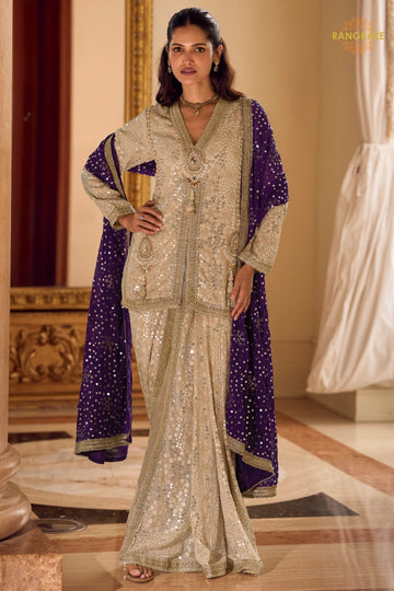 Champagne Gold Sequined Georgette Dhoti Pant Set with Purple Dupatta