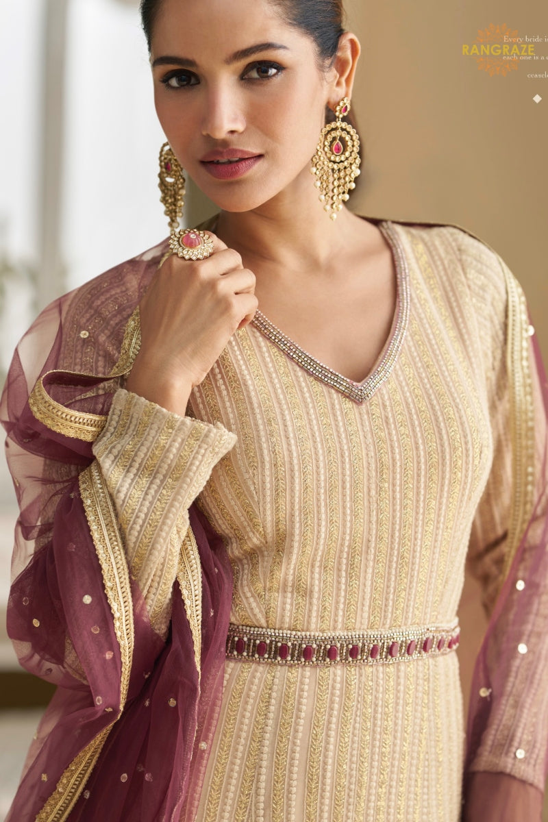 Ivory Wine Ombre Premium Georgette Anarkali Suit Set