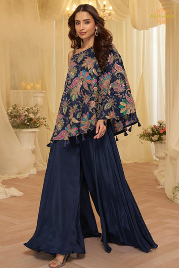 Midnight Mehr Crepe Poncho Palazzo Suit Set