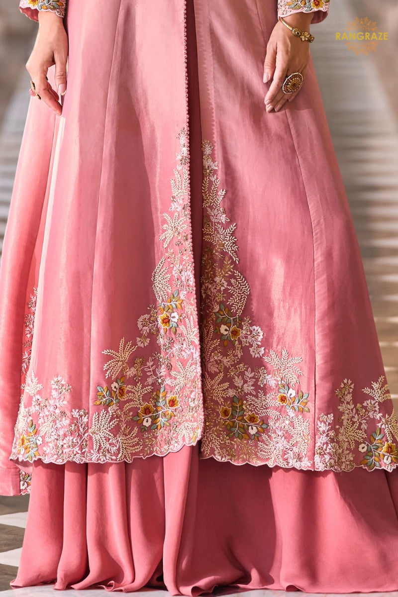Dusty Rose Silk Embroidered Long Jacket Readymade Suit Set