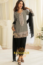 Black & Ivory Natural Crepe Silk Embroidered Suit Set