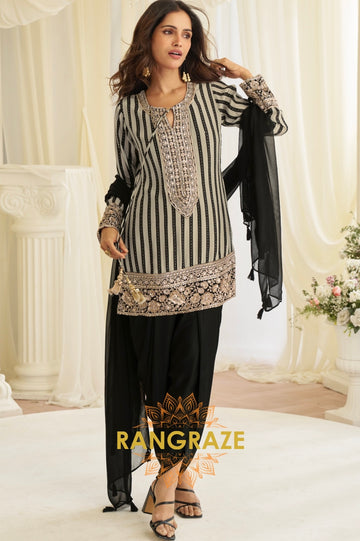 Black & Ivory Natural Crepe Silk Embroidered Suit Set