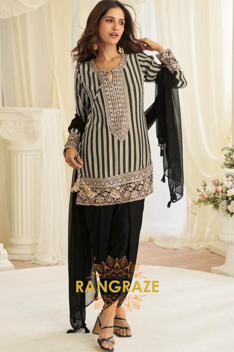 Black & Ivory Natural Crepe Silk Embroidered Suit Set