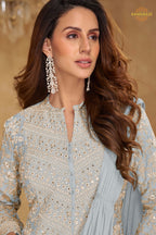Ice Blue Chinnon Saree Style Suit Set with Hand Embroidery & Tassels