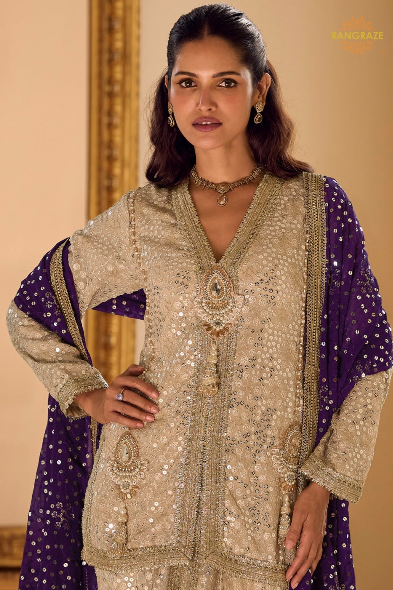 Champagne Gold Sequined Georgette Dhoti Pant Suit Set with Purple Dupatta
