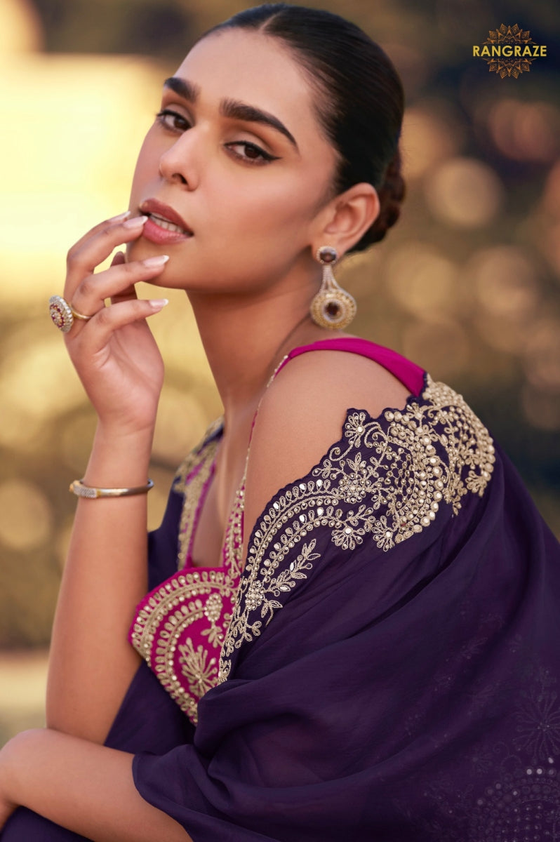 Royal Plum Chinnon Silk Jacket Suit Set