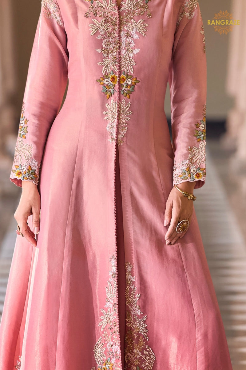 Dusty Rose Silk Embroidered Long Jacket Readymade Suit Set