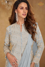 Ice Blue Chinnon Saree Style Suit Set with Hand Embroidery & Tassels