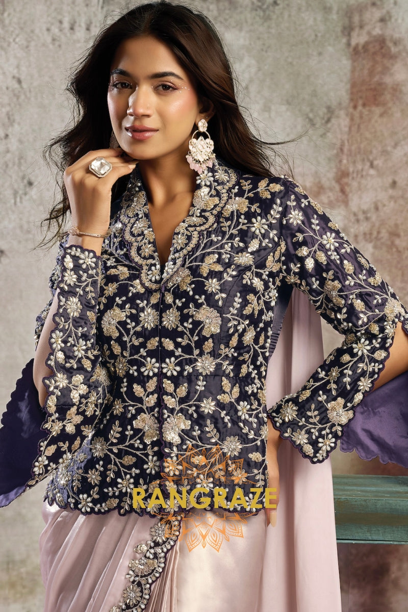 Metallic Blush Glossy Satin One Minute Saree with Embroidered Blazer Blouse