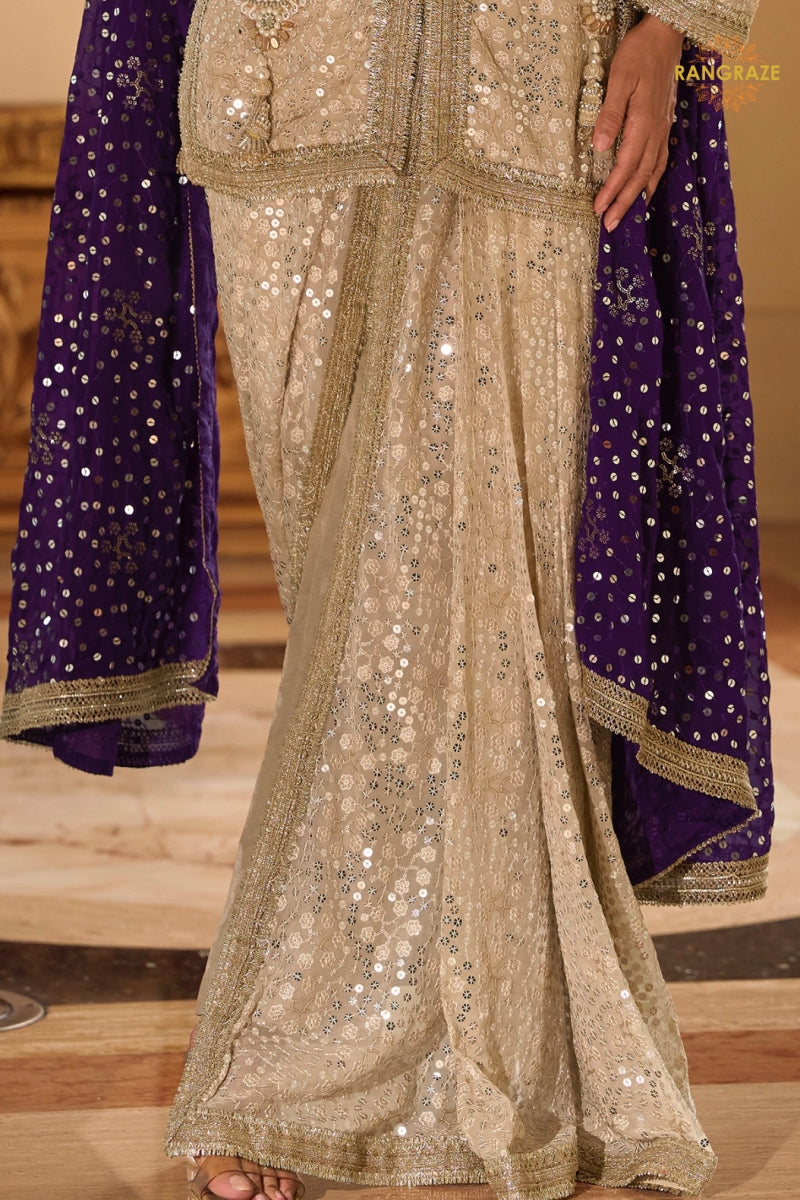 Champagne Gold Sequined Georgette Dhoti Pant Suit Set with Purple Dupatta