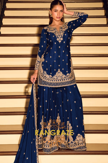 Royal Blue Premium Chinnon Silk Suit Set