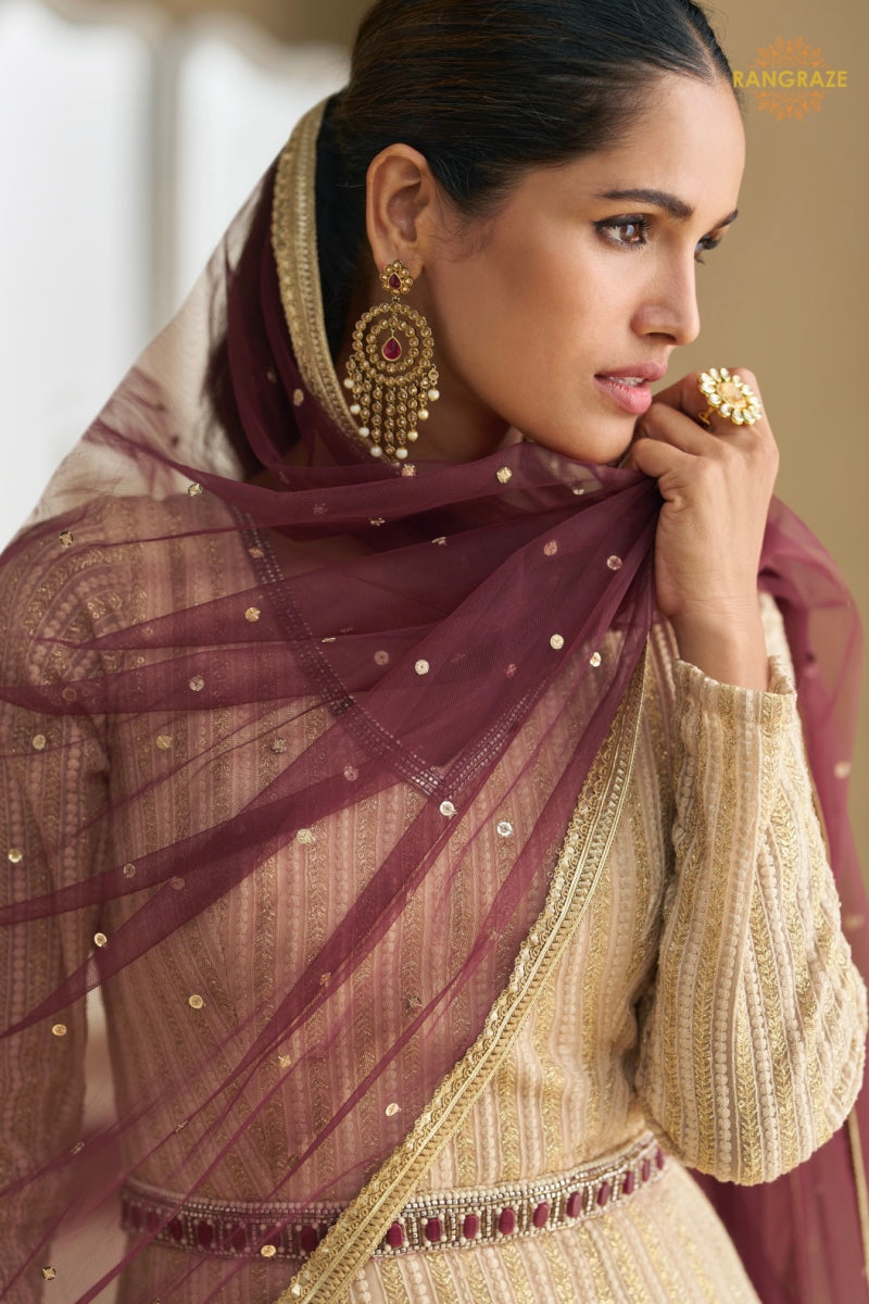 Ivory Wine Ombre Premium Georgette Anarkali Suit Set