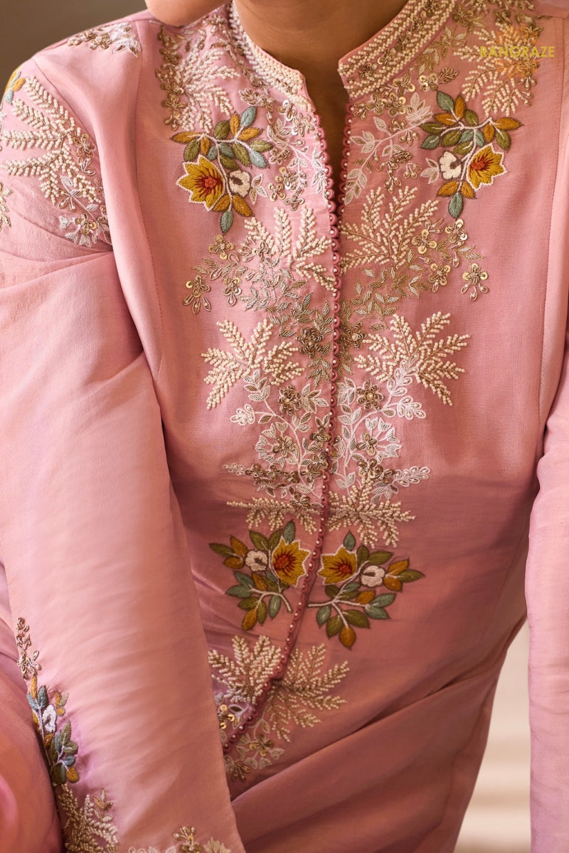 Dusty Rose Silk Embroidered Long Jacket Readymade Suit Set
