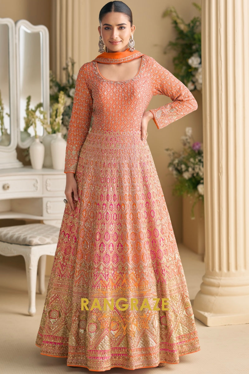 Orange Peach Premium Georgette Designer Anarkali Suit Set