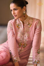 Dusty Rose Silk Embroidered Long Jacket Readymade Suit Set