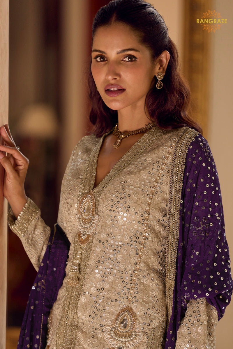 Champagne Gold Sequined Georgette Dhoti Pant Suit Set with Purple Dupatta