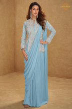 Powder Blue Chinnon Saree Style Suit Set with Hand Embroidery & Tassels