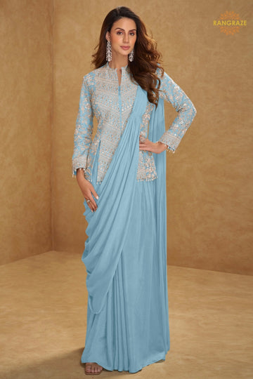 Powder Blue Chinnon Saree Style Suit Set with Hand Embroidery & Tassels