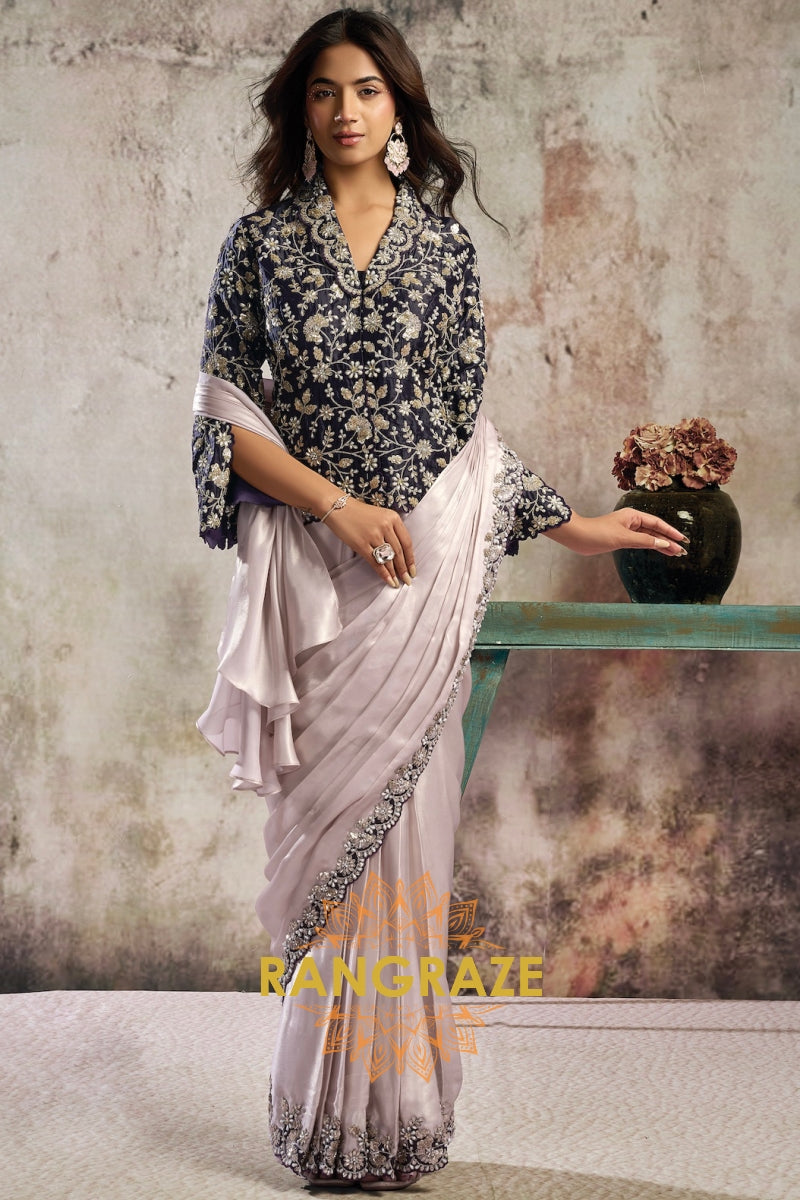Metallic Blush Glossy Satin One Minute Saree with Readymade Embroidered Designer Blazer Blouse