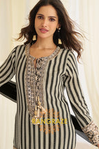 Black & Ivory Natural Crepe Silk Embroidered Suit Set