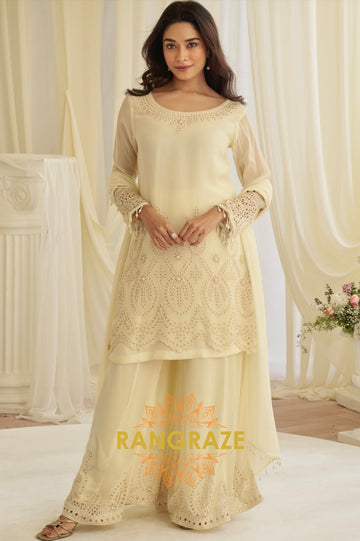 Natural Cream Crepe Silk Embroidered Suit Set