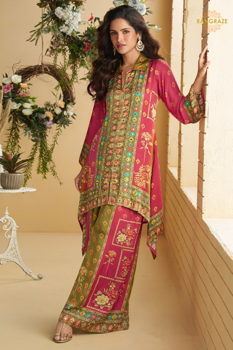 Gulnaar Crepe Silk Embroidered Mirror Work Suit Set